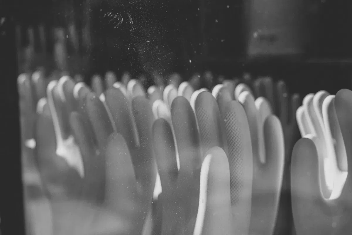 Disposable glove production: gloves hanging on formers along a dipping line