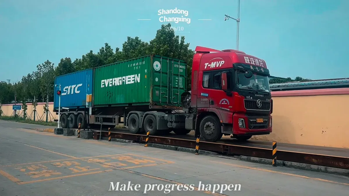 Truck carrying a 40GP EVERGREEN container of ethylene glycol departing Shandong Changxing factory for the port
