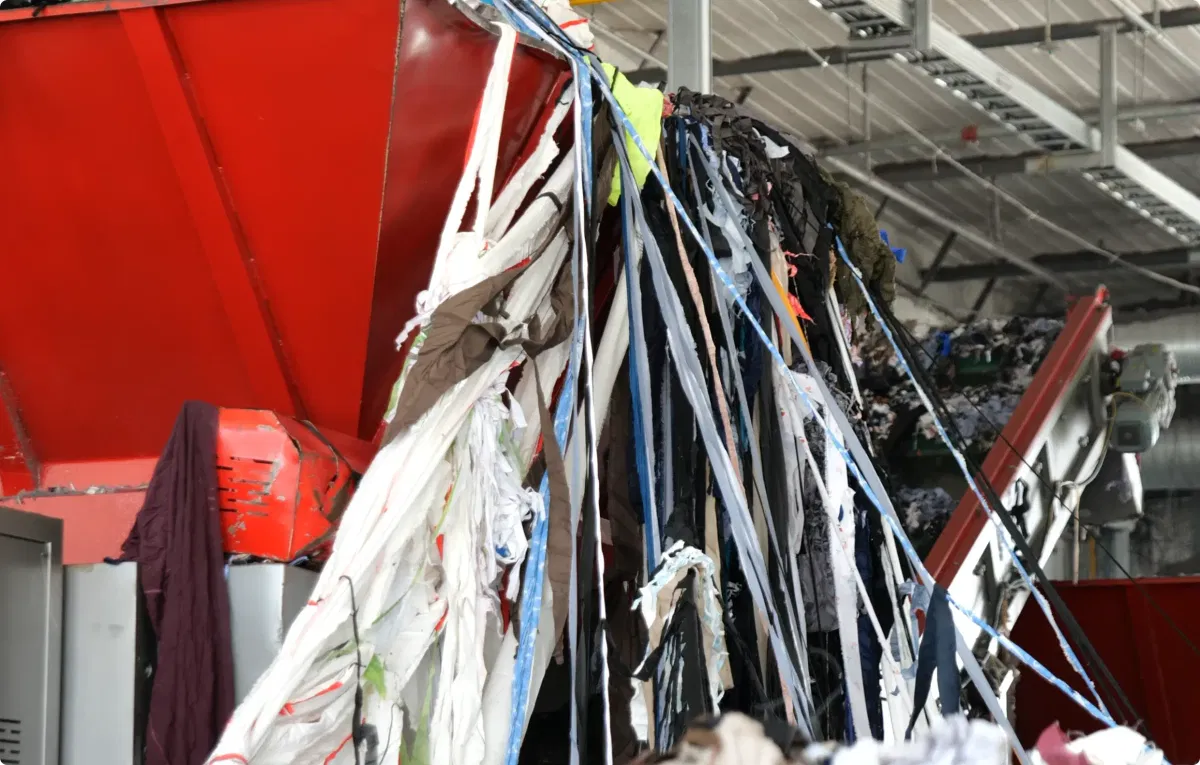 Shredding machine breaking polyester fabric strips onto conveyor belt at DOTP production facility