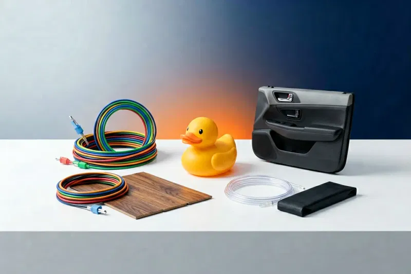 Product showcase: various PVC finished products using phthalate-free DOTP - colorful electrical wires, luxury vinyl flooring planks, plastic toy duck, transparent medical IV tubing, automotive interior material on clean white display surface