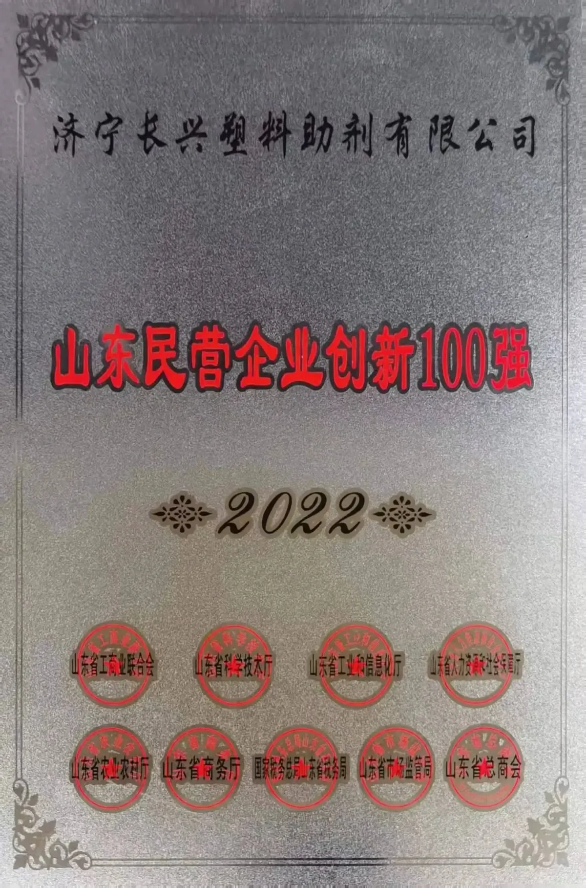 Shandong Top 100 Private Enterprise Innovation Certificate